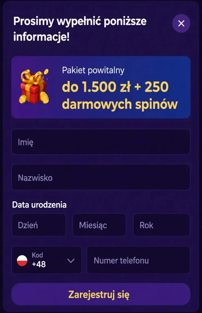 Formularz rejestracji Gambloria Casino: do 1.500 zł + 250 darmowych spinów